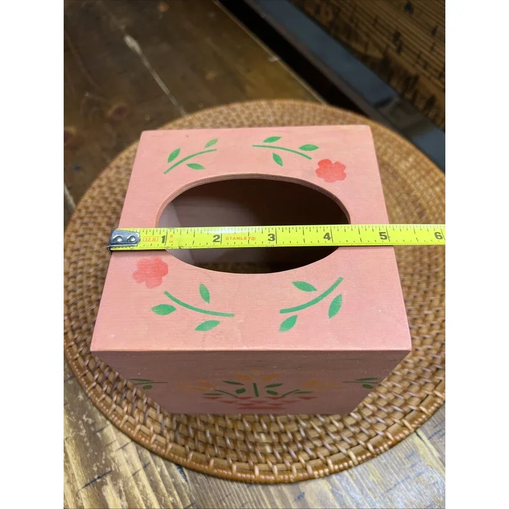 Vintage Square Wood Hand Stenciled Tissue Box Cover Primitive Flowers